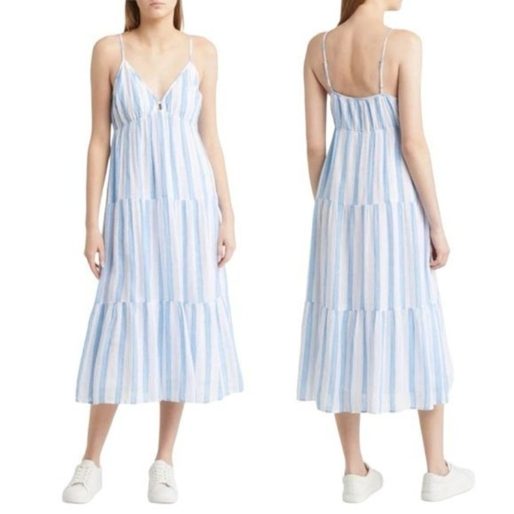 Light Blue & White Striped Spaghetti Strap Midi Dress